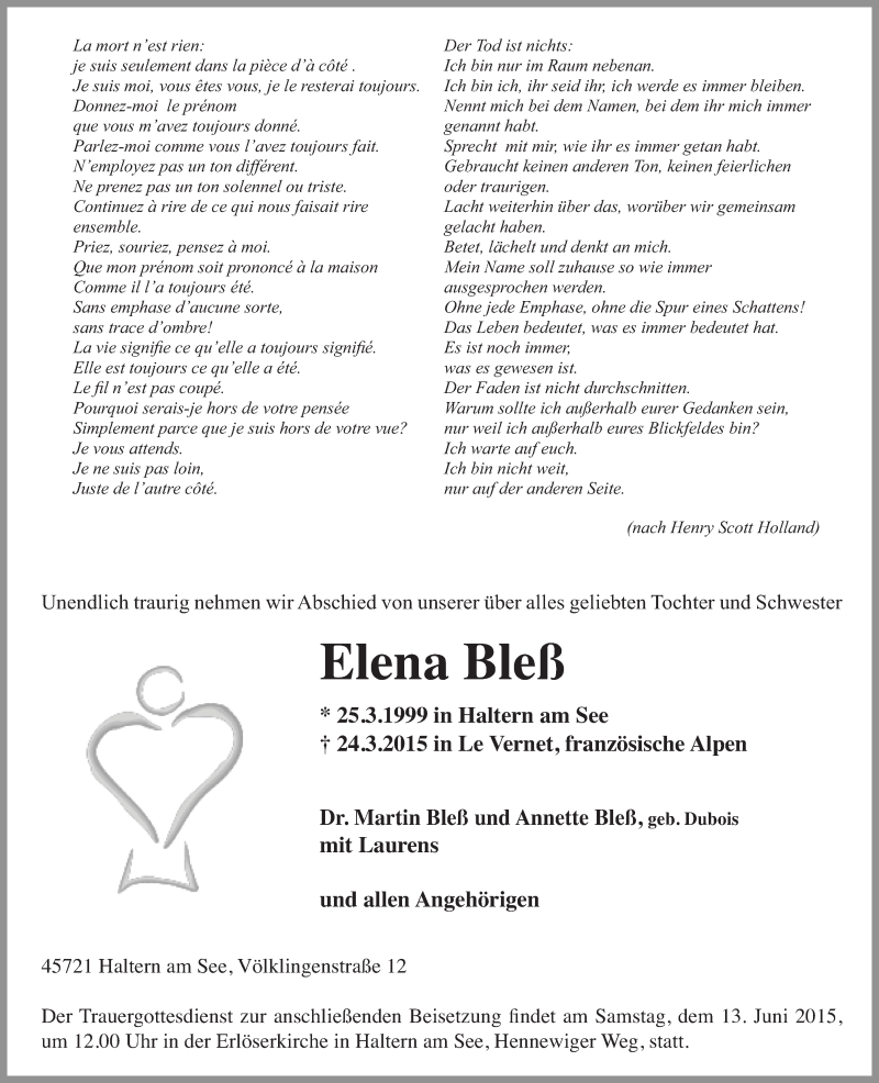  Traueranzeige für Elena Bleß vom 06.06.2015 aus Ruhr Nachrichten und Halterner Zeitung