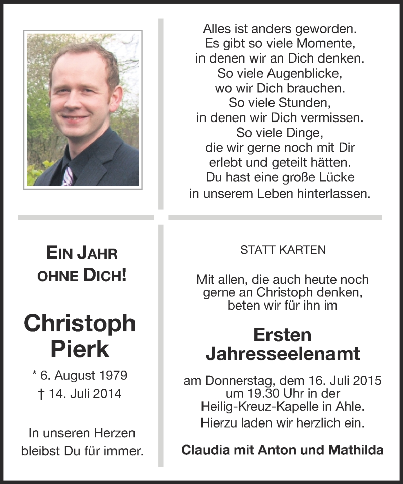 Traueranzeige für Christoph Pierk vom 11.07.2015 aus Münstersche Zeitung und Münsterland Zeitung