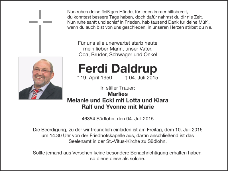  Traueranzeige für Ferdi Daldrup vom 08.07.2015 aus Münstersche Zeitung und Münsterland Zeitung
