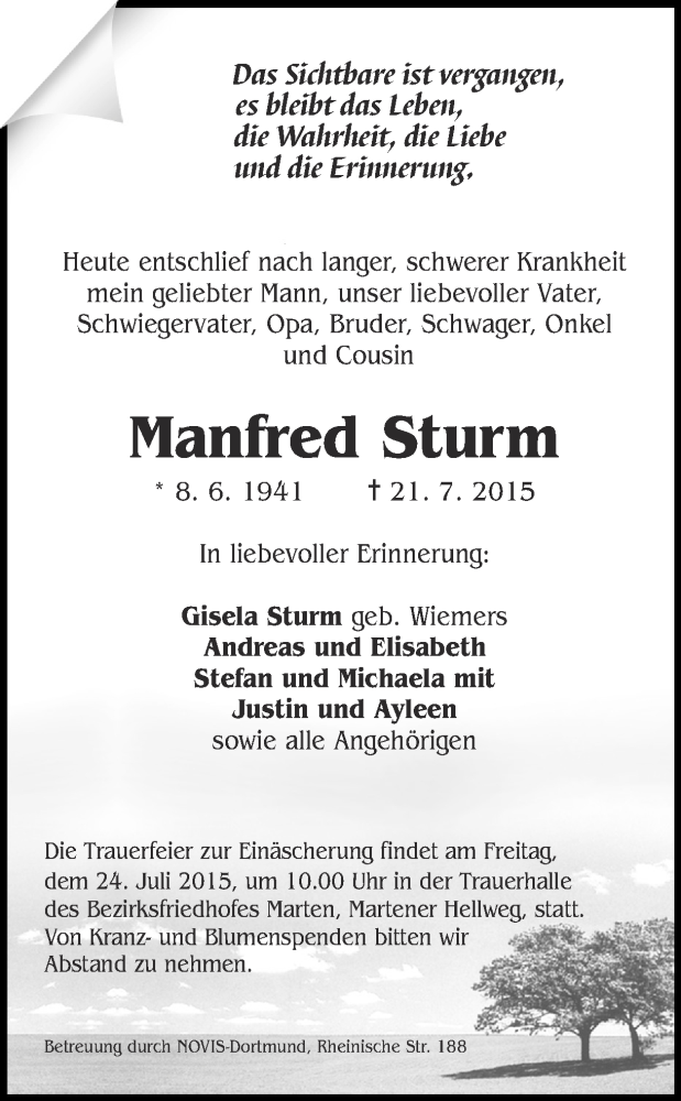  Traueranzeige für Manfred Sturm vom 23.07.2015 aus Ruhr Nachrichten
