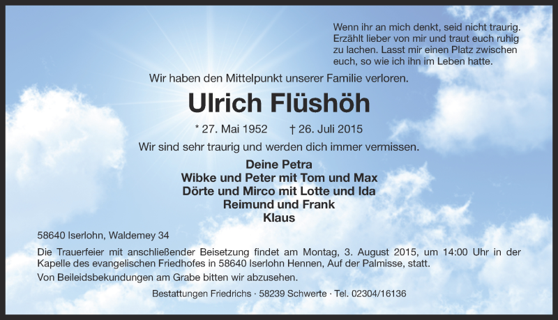  Traueranzeige für Ulrich Flüshöh vom 28.07.2015 aus Ruhr Nachrichten