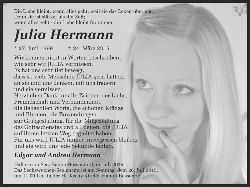  Traueranzeige für Julia Hermann vom 18.07.2015 aus Ruhr Nachrichten und Halterner Zeitung