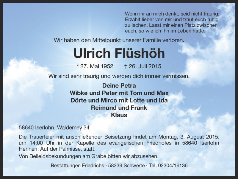  Traueranzeige für Ulrich Flüshöh vom 28.07.2015 aus Ruhr Nachrichten