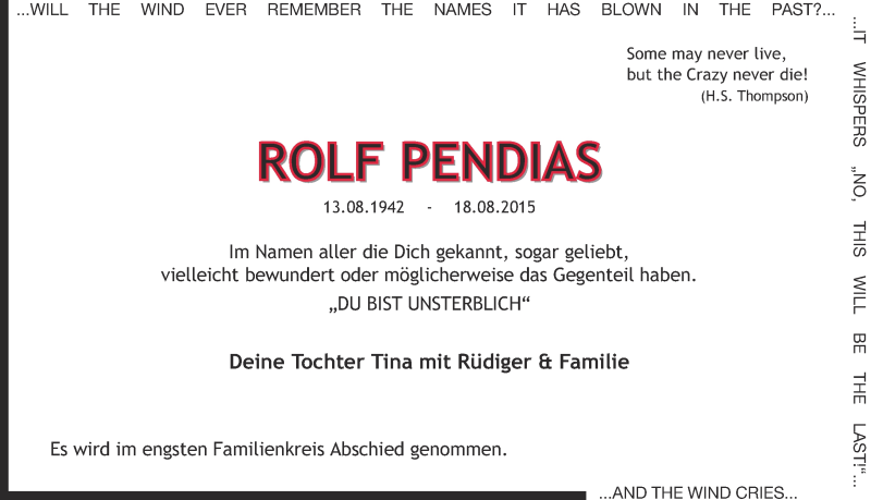  Traueranzeige für Rolf Pendias vom 25.08.2015 aus Ruhr Nachrichten
