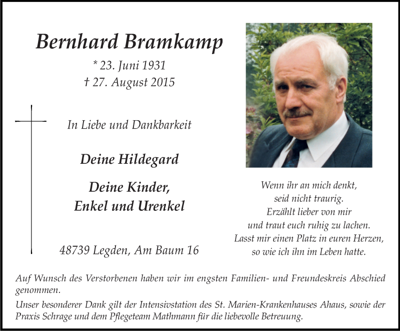  Traueranzeige für Bernhard Bramkamp vom 03.09.2015 aus Münstersche Zeitung und Münsterland Zeitung