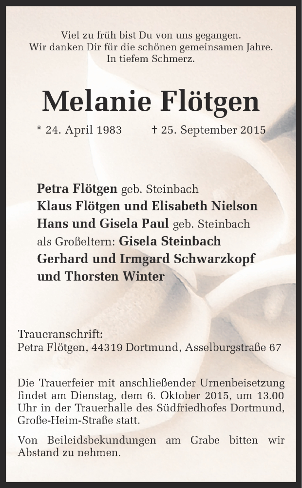  Traueranzeige für Melanie Flötgen vom 30.09.2015 aus Ruhr Nachrichten