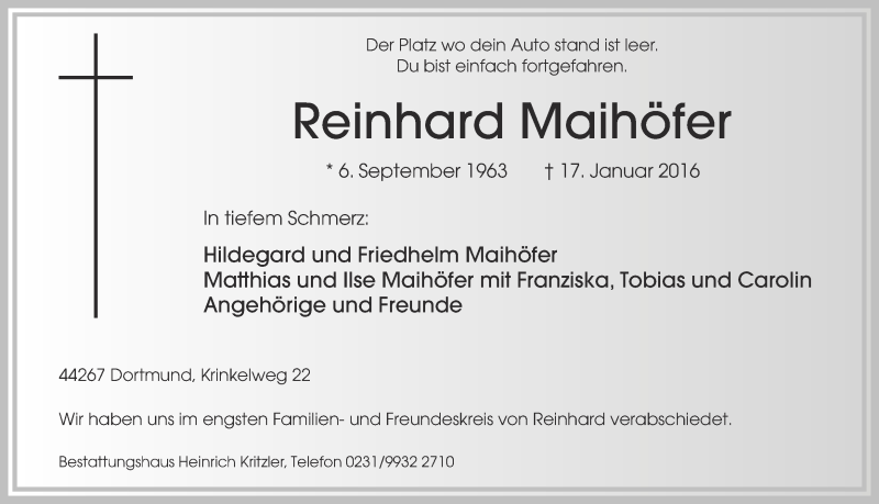  Traueranzeige für Reinhard Maihöfer vom 30.01.2016 aus Ruhr Nachrichten