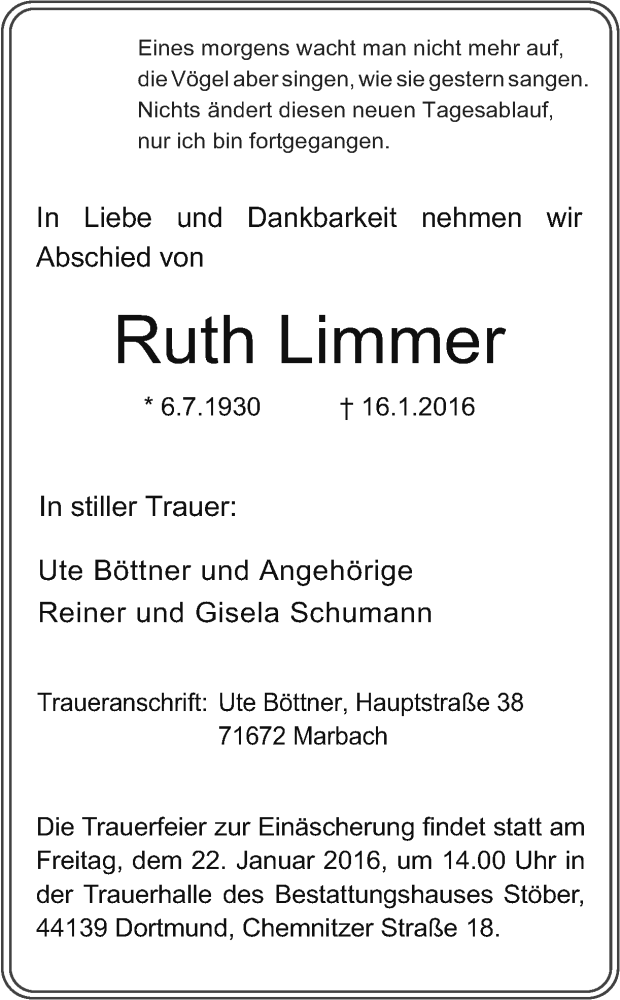  Traueranzeige für Ruth Limmer vom 20.01.2016 aus Ruhr Nachrichten