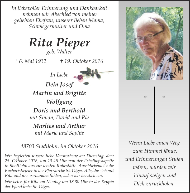  Traueranzeige für Rita Pieper vom 22.10.2016 aus Münstersche Zeitung und Münsterland Zeitung