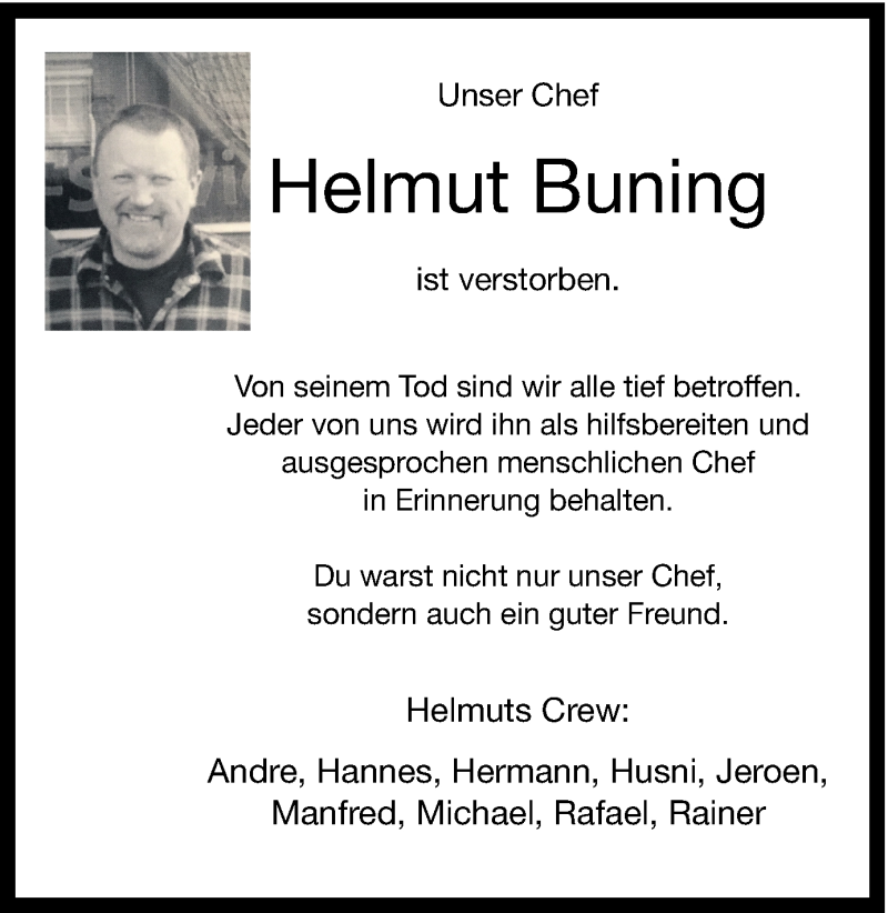  Traueranzeige für Helmut Buning vom 06.10.2016 aus Münstersche Zeitung und Münsterland Zeitung