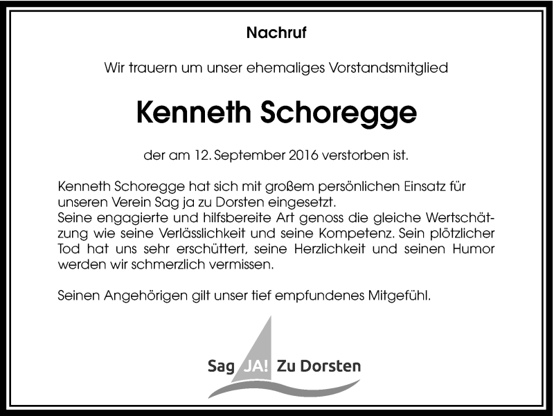  Traueranzeige für Kenneth Schoregge vom 12.10.2016 aus Ruhr Nachrichten und Dorstener Zeitung