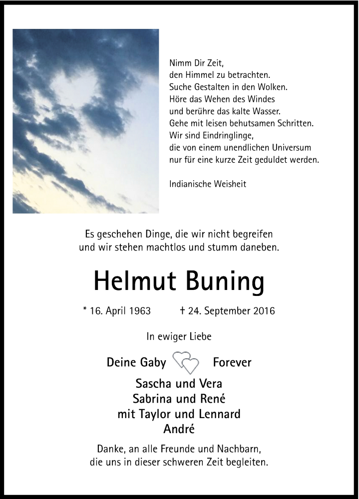  Traueranzeige für Helmut Buning vom 01.10.2016 aus Münstersche Zeitung und Münsterland Zeitung