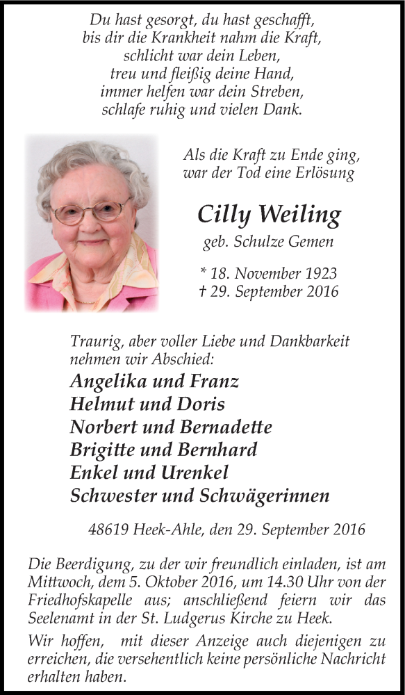  Traueranzeige für Cilly Weiling vom 01.10.2016 aus Münstersche Zeitung und Münsterland Zeitung
