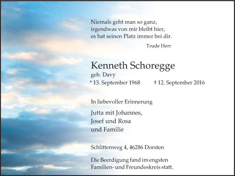  Traueranzeige für Kenneth Schoregge vom 01.10.2016 aus Ruhr Nachrichten und Dorstener Zeitung