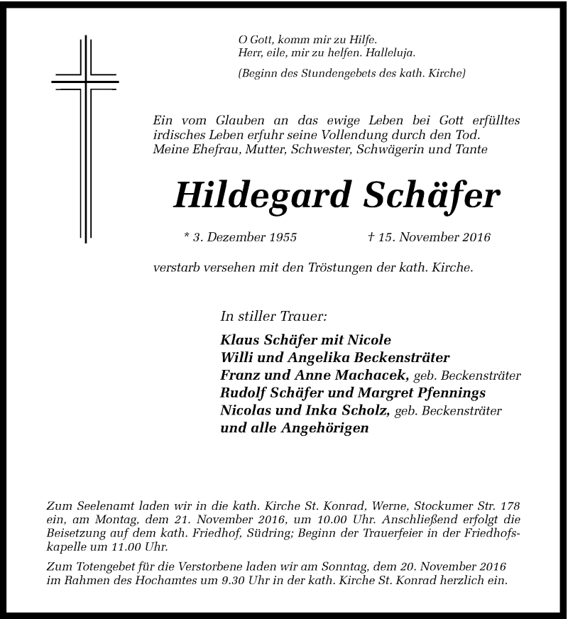  Traueranzeige für Hildegard Schäfer vom 18.11.2016 aus Ruhr Nachrichten