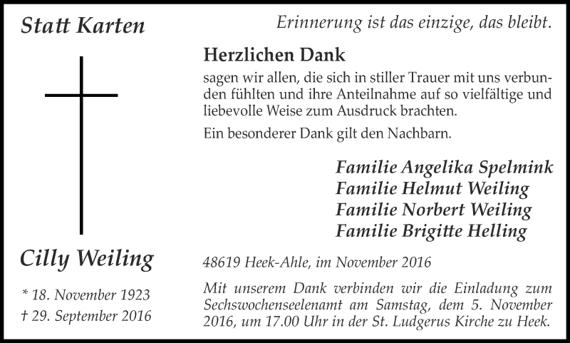  Traueranzeige für Cilly Weiling vom 02.11.2016 aus Münstersche Zeitung und Münsterland Zeitung