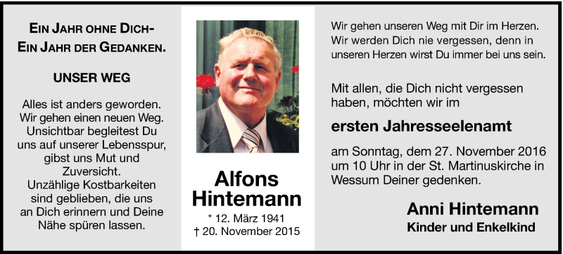  Traueranzeige für Alfons Hintemann vom 24.11.2016 aus Münstersche Zeitung und Münsterland Zeitung
