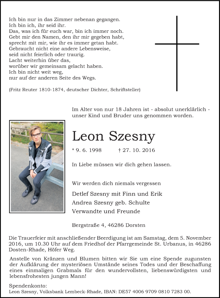 Traueranzeige für Leon Szesny vom 03.11.2016 aus Ruhr Nachrichten und Dorstener Zeitung
