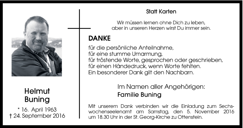  Traueranzeige für Helmut Buning vom 02.11.2016 aus Münstersche Zeitung und Münsterland Zeitung