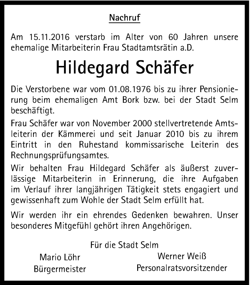  Traueranzeige für Hildegard Schäfer vom 22.11.2016 aus Ruhr Nachrichten