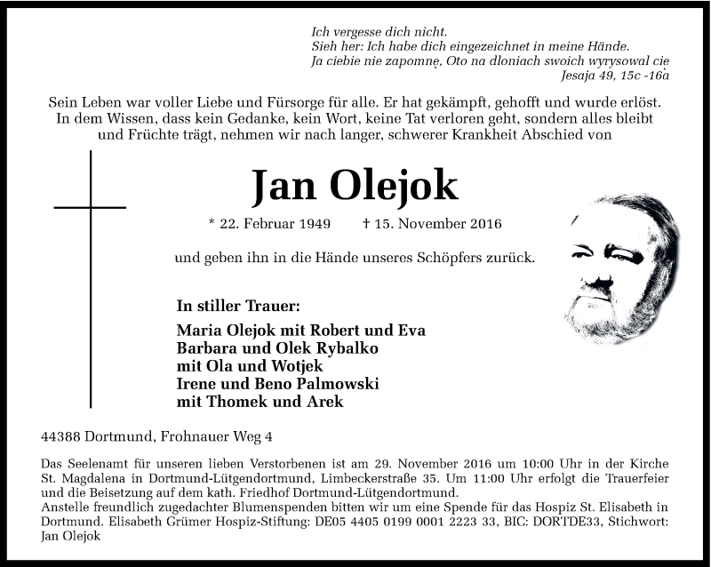  Traueranzeige für Jan Olejok vom 23.11.2016 aus Ruhr Nachrichten