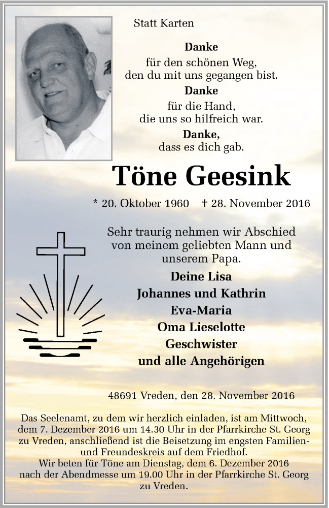  Traueranzeige für Töne Geesink vom 03.12.2016 aus Münstersche Zeitung und Münsterland Zeitung