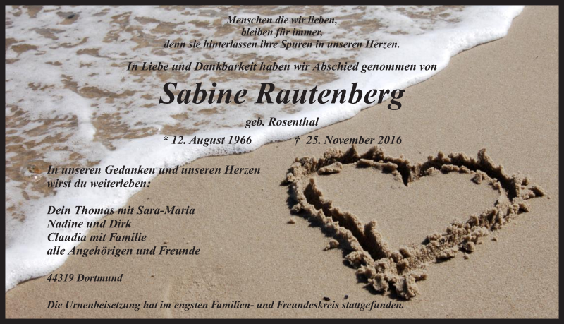  Traueranzeige für Sabine Rautenberg vom 13.12.2016 aus Ruhr Nachrichten