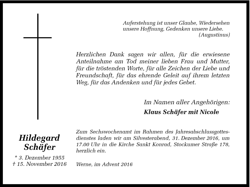  Traueranzeige für Hildegard Schäfer vom 20.12.2016 aus Ruhr Nachrichten