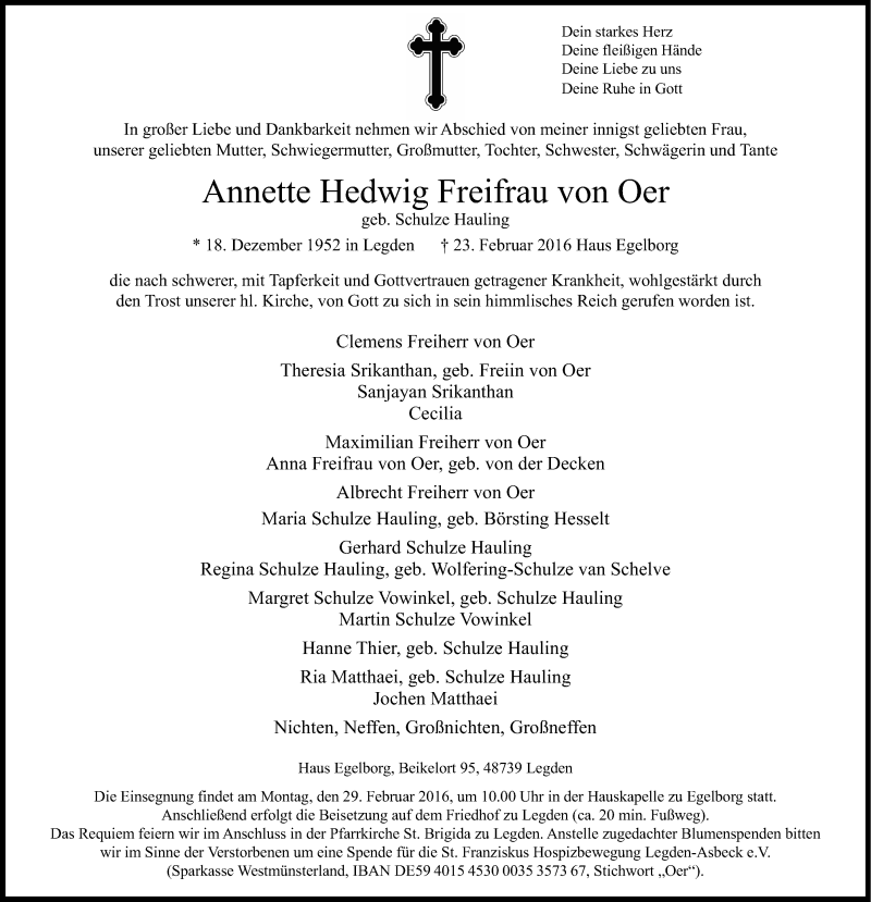  Traueranzeige für Annette Hedwig Freifrau von Oer vom 26.02.2016 aus Münstersche Zeitung und Münsterland Zeitung
