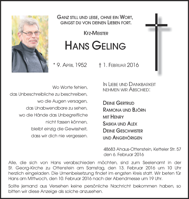  Traueranzeige für Hans Geling vom 06.02.2016 aus Münstersche Zeitung und Münsterland Zeitung