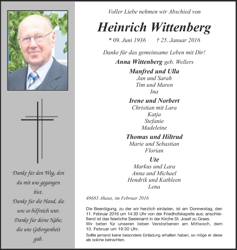  Traueranzeige für Heinrich Wittenberg vom 09.02.2016 aus Münstersche Zeitung und Münsterland Zeitung