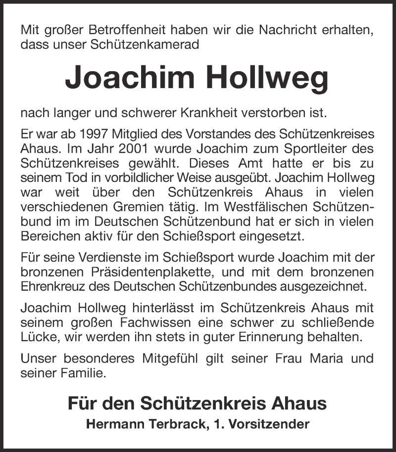  Traueranzeige für Joachim Hollweg vom 09.02.2016 aus 