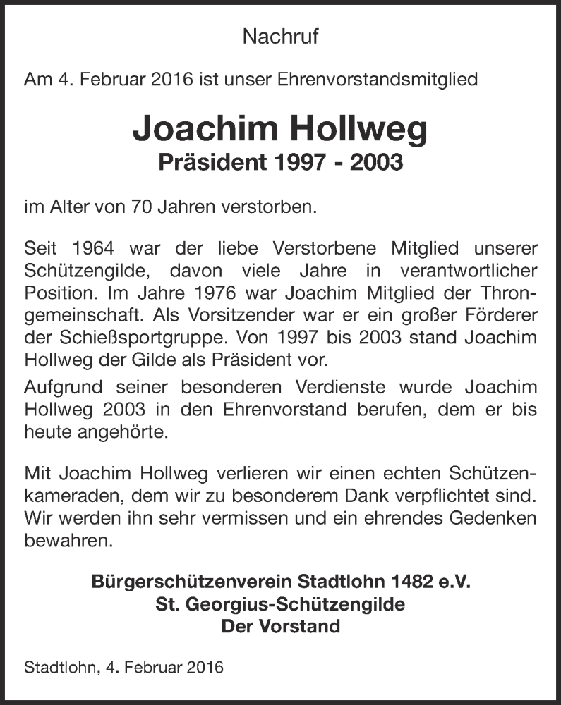  Traueranzeige für Joachim Hollweg vom 05.02.2016 aus Münstersche Zeitung und Münsterland Zeitung