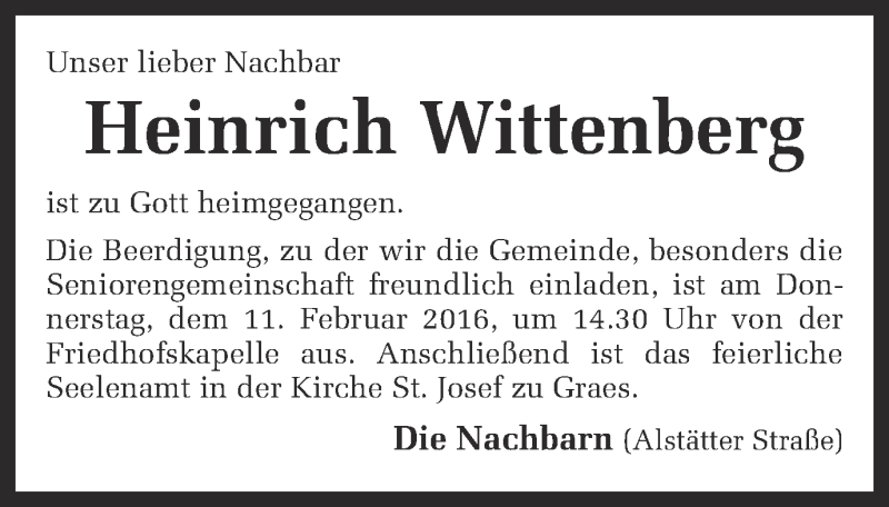  Traueranzeige für Heinrich Wittenberg vom 10.02.2016 aus Münstersche Zeitung und Münsterland Zeitung
