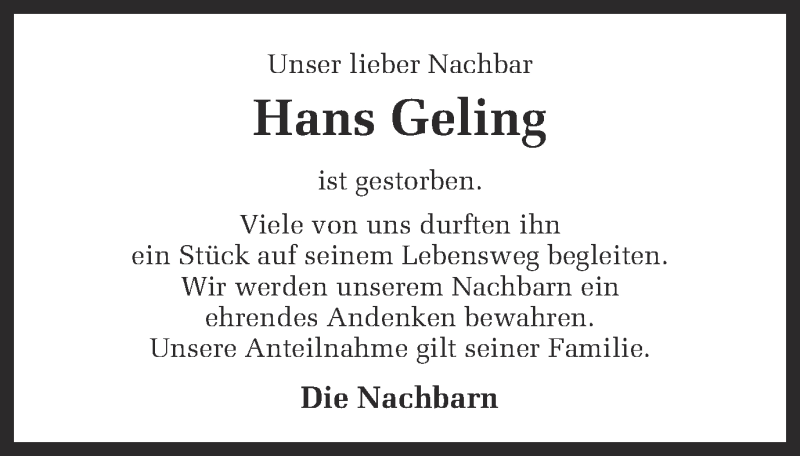  Traueranzeige für Hans Geling vom 10.02.2016 aus Münstersche Zeitung und Münsterland Zeitung