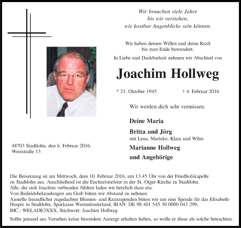  Traueranzeige für Joachim Hollweg vom 06.02.2016 aus Münstersche Zeitung und Münsterland Zeitung