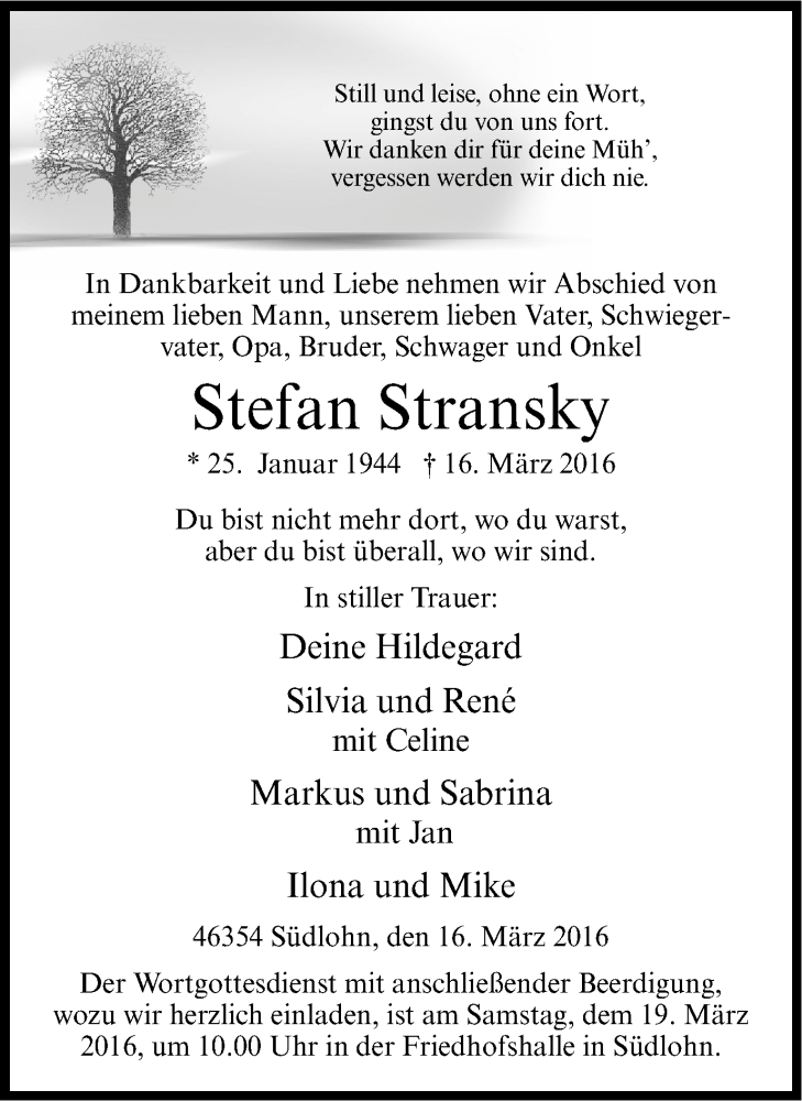  Traueranzeige für Stefan Stransky vom 17.03.2016 aus Münstersche Zeitung und Münsterland Zeitung