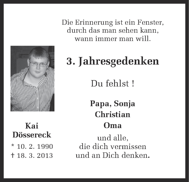  Traueranzeige für Kai Dössereck vom 18.03.2016 aus Ruhr Nachrichten