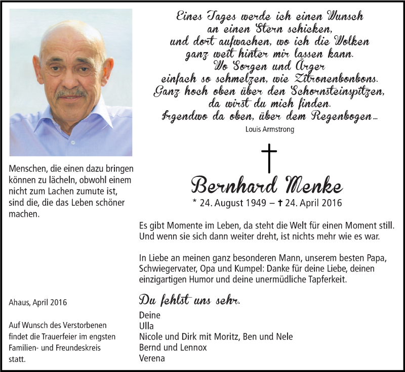  Traueranzeige für Bernhard Menke vom 30.04.2016 aus Münstersche Zeitung und Münsterland Zeitung