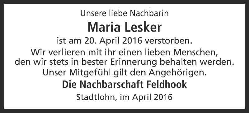  Traueranzeige für Maria Lesker vom 23.04.2016 aus Münstersche Zeitung und Münsterland Zeitung