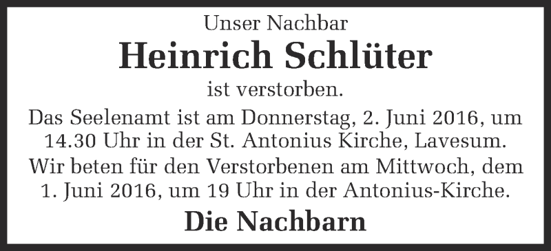  Traueranzeige für Heinrich Schlüter vom 31.05.2016 aus Ruhr Nachrichten und Halterner Zeitung