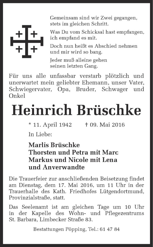  Traueranzeige für Heinrich Brüschke vom 14.05.2016 aus Ruhr Nachrichten