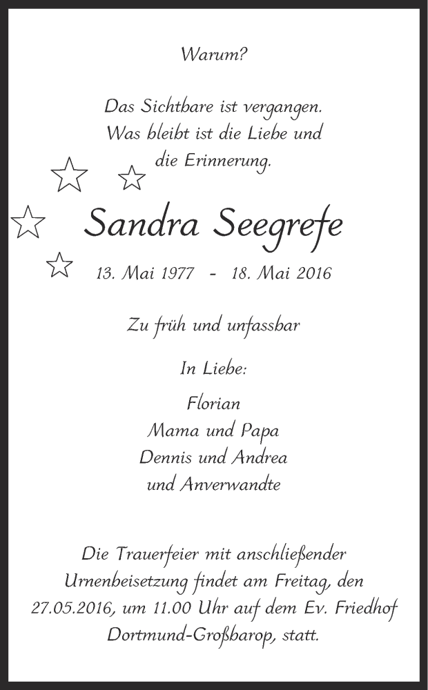  Traueranzeige für Sandra Seegrefe vom 24.05.2016 aus Ruhr Nachrichten