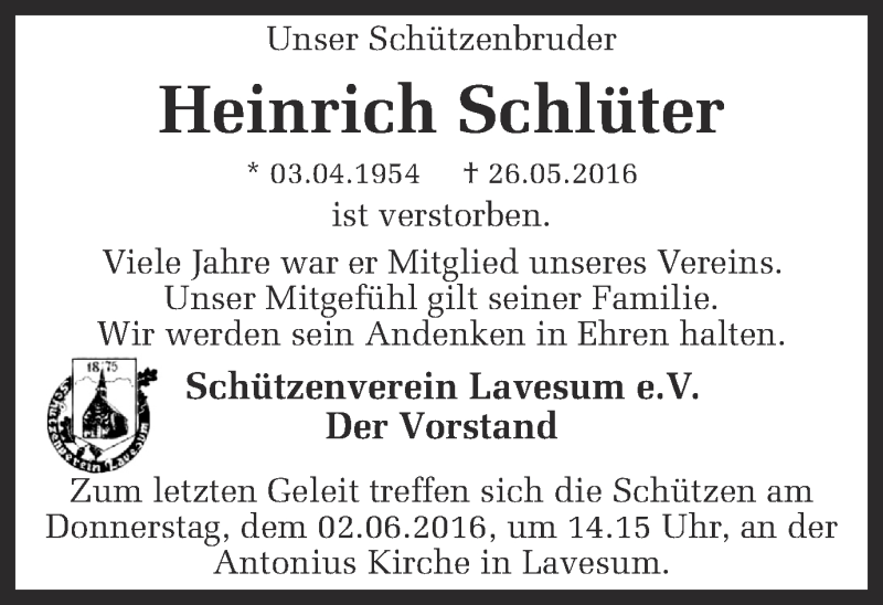  Traueranzeige für Heinrich Schlüter vom 31.05.2016 aus Ruhr Nachrichten und Halterner Zeitung