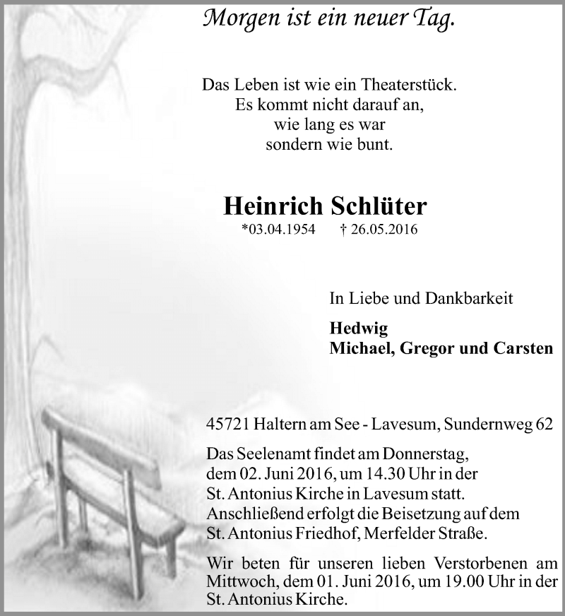  Traueranzeige für Heinrich Schlüter vom 30.05.2016 aus Ruhr Nachrichten und Halterner Zeitung