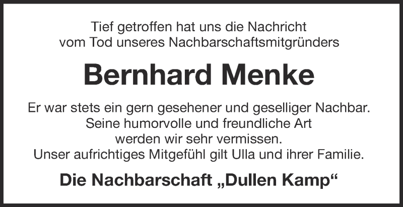  Traueranzeige für Bernhard Menke vom 02.05.2016 aus Münstersche Zeitung und Münsterland Zeitung