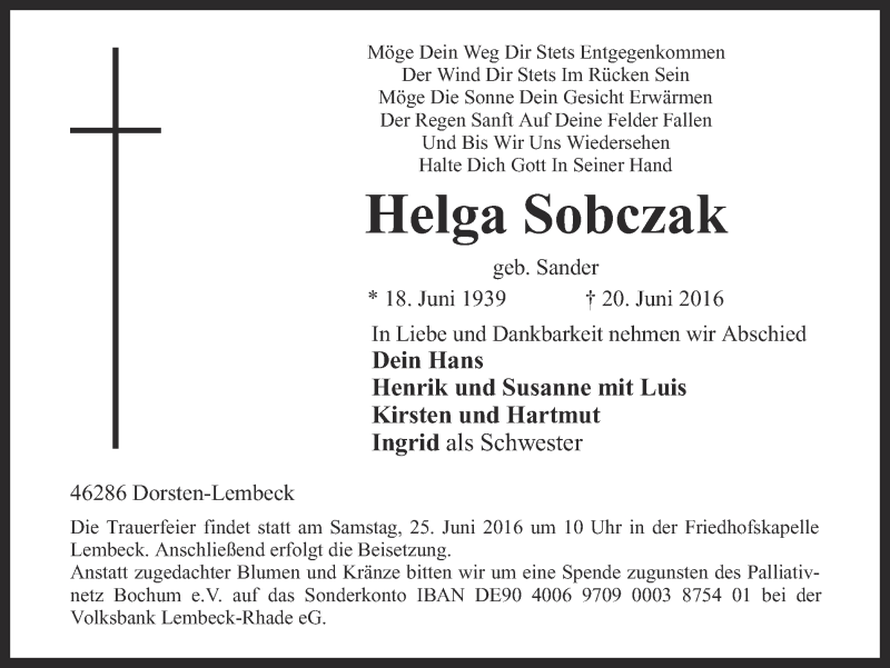  Traueranzeige für Helga Sobczak vom 23.06.2016 aus Ruhr Nachrichten und Dorstener Zeitung