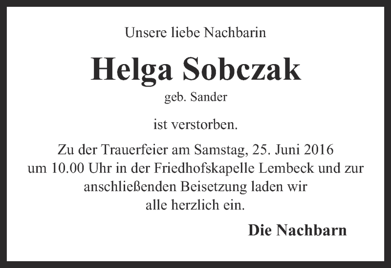  Traueranzeige für Helga Sobczak vom 23.06.2016 aus Ruhr Nachrichten und Dorstener Zeitung
