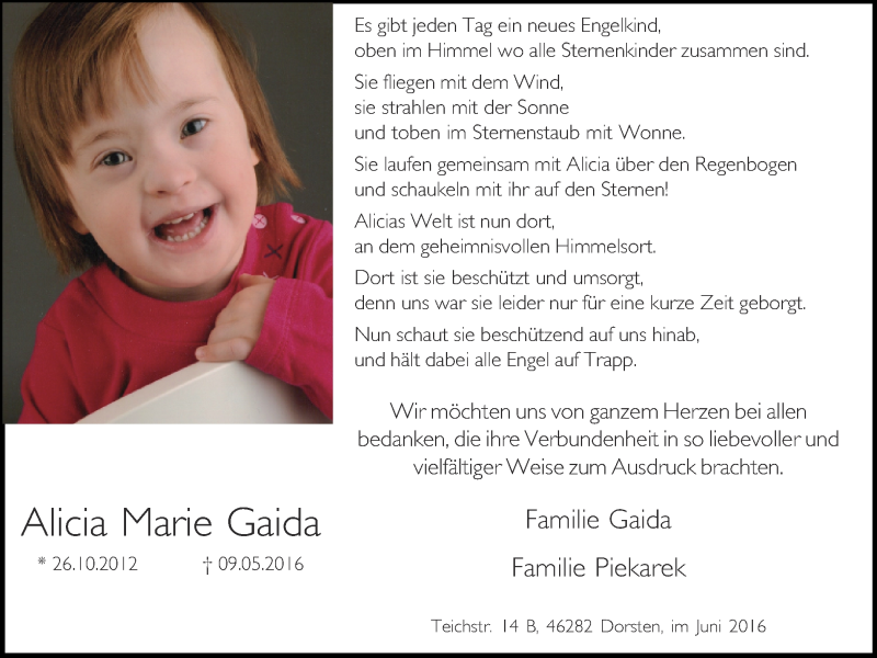  Traueranzeige für Alicia Marie Gaida vom 18.06.2016 aus Ruhr Nachrichten und Dorstener Zeitung