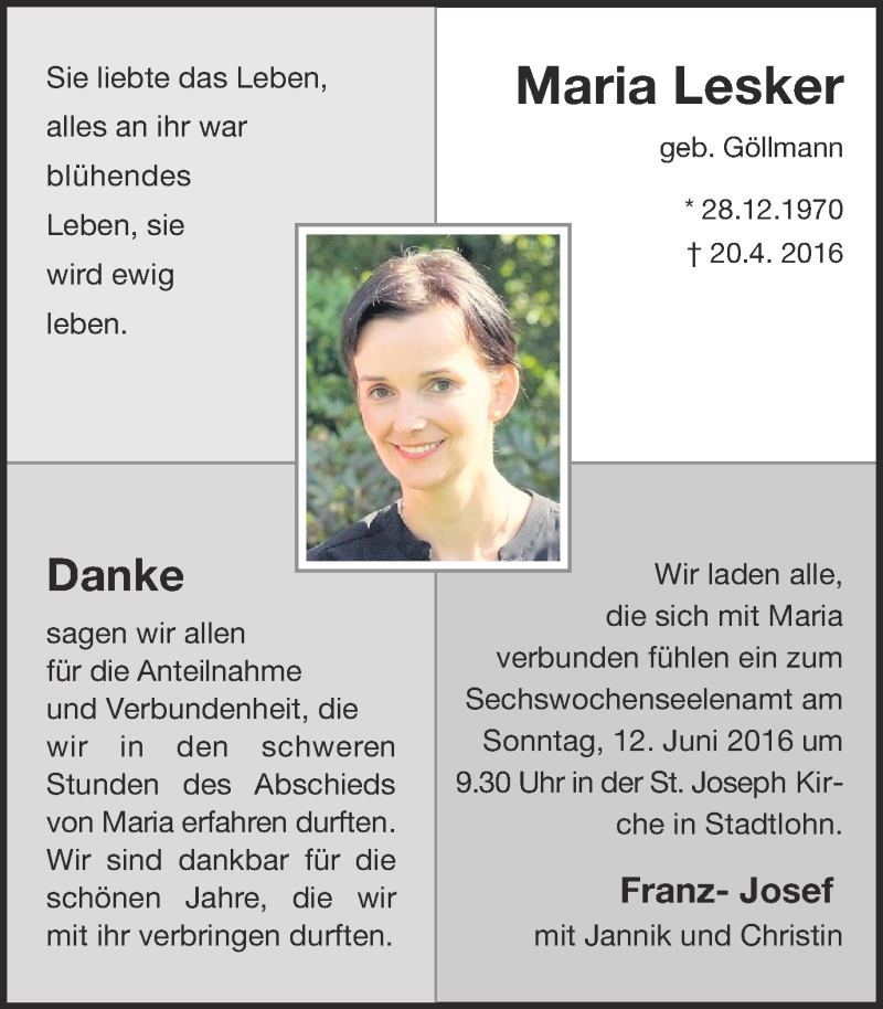  Traueranzeige für Maria Lesker vom 08.06.2016 aus Münstersche Zeitung und Münsterland Zeitung
